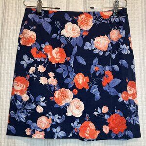 Talbots Straight Skirt Women's 4 Blue Floral Print Zip Cotton Blend Lined X13